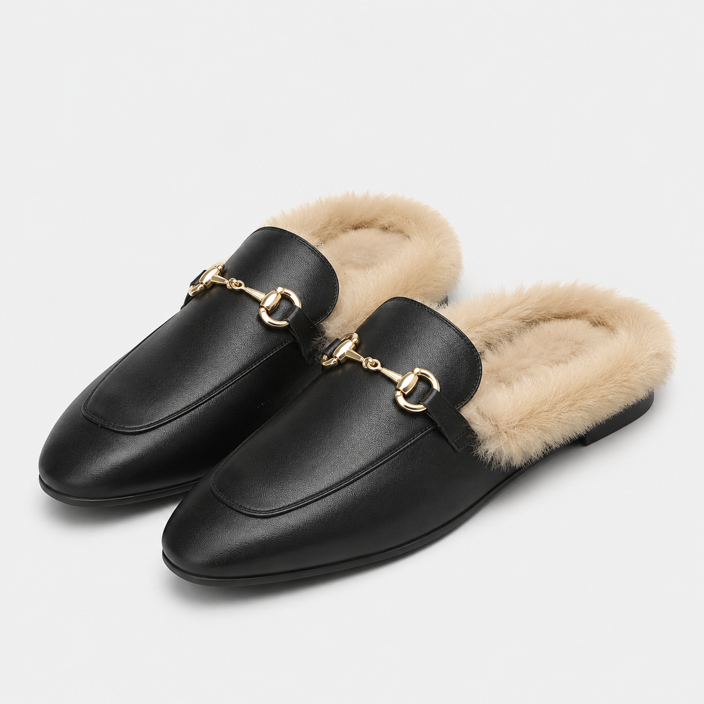 Womens Black Velvet Fur-Lined Loafers – Warm Plush Flat Casual Winter Shoes