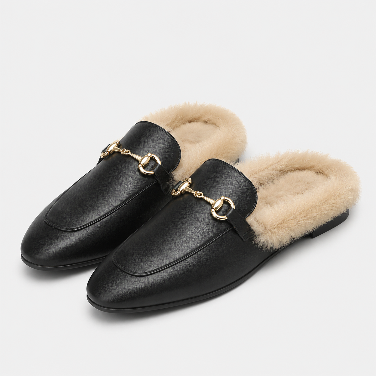Womens Black Velvet Fur-Lined Loafers – Warm Plush Flat Casual Winter Shoes