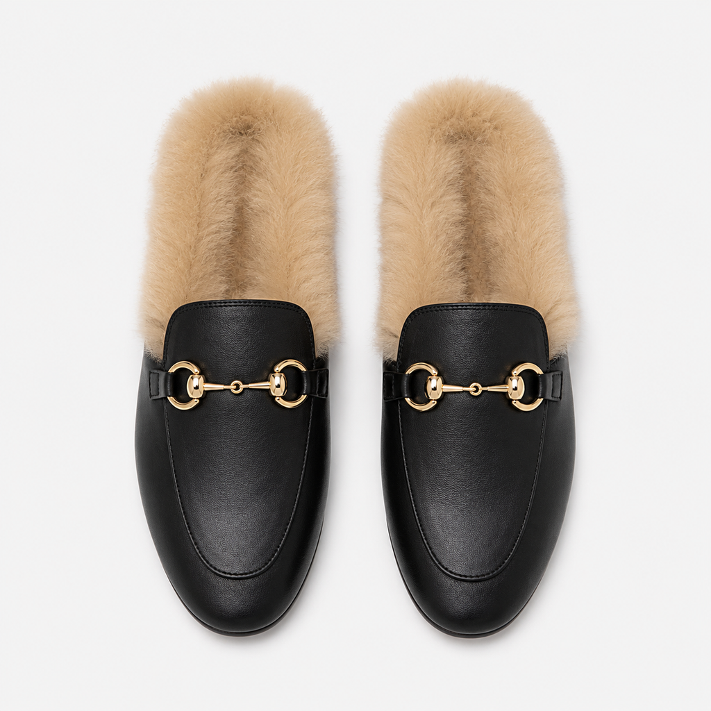 Womens Black Velvet Fur-Lined Loafers – Warm Plush Flat Casual Winter Shoes