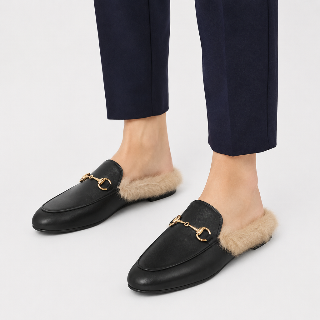 Womens Black Velvet Fur-Lined Loafers – Warm Plush Flat Casual Winter Shoes