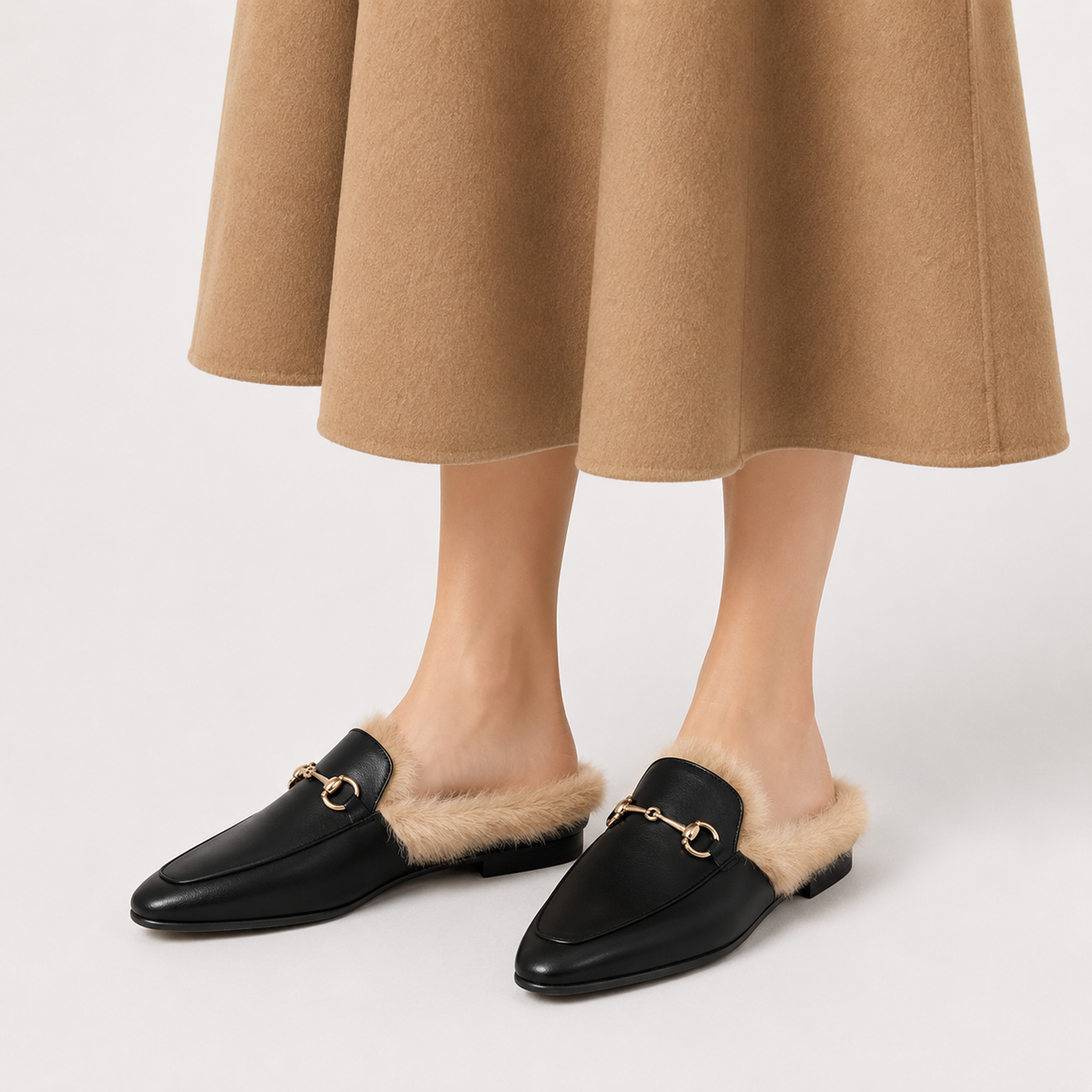 Womens Black Velvet Fur-Lined Loafers – Warm Plush Flat Casual Winter Shoes