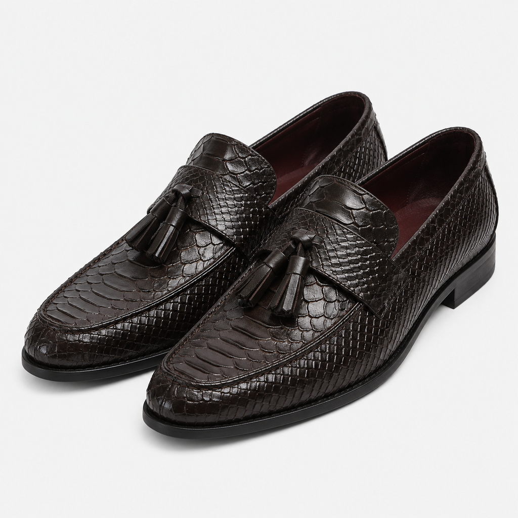 Mens Black Genuine Leather Snake Print Tassel Loafers – Slip-On Wedding Office Dress Shoes