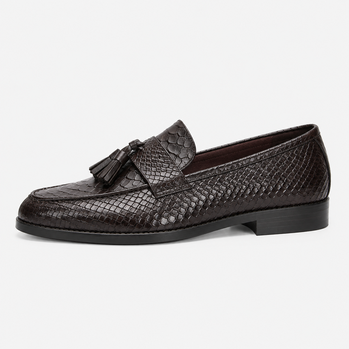 Mens Black Genuine Leather Snake Print Tassel Loafers – Slip-On Wedding Office Dress Shoes