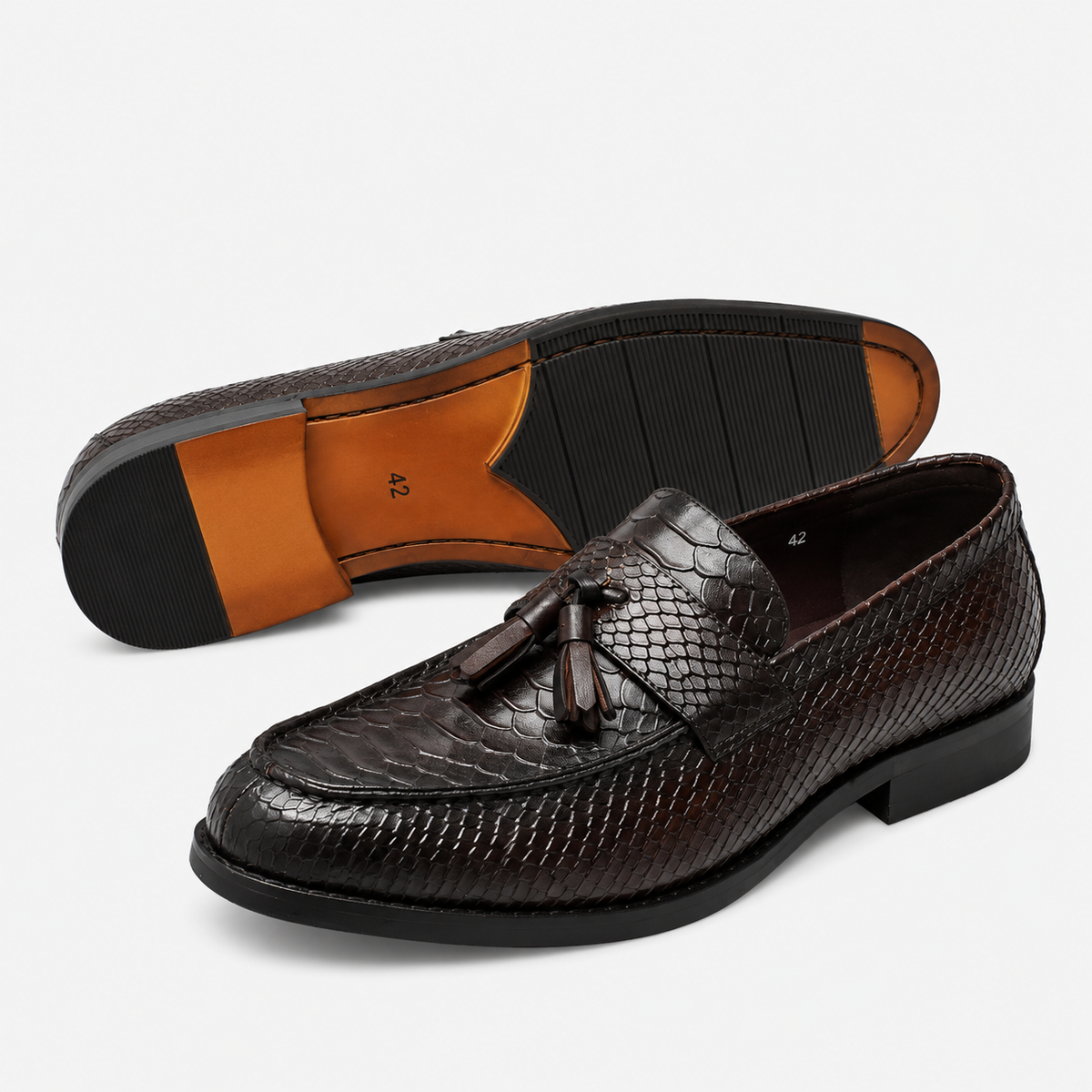 Mens Black Genuine Leather Snake Print Tassel Loafers – Slip-On Wedding Office Dress Shoes