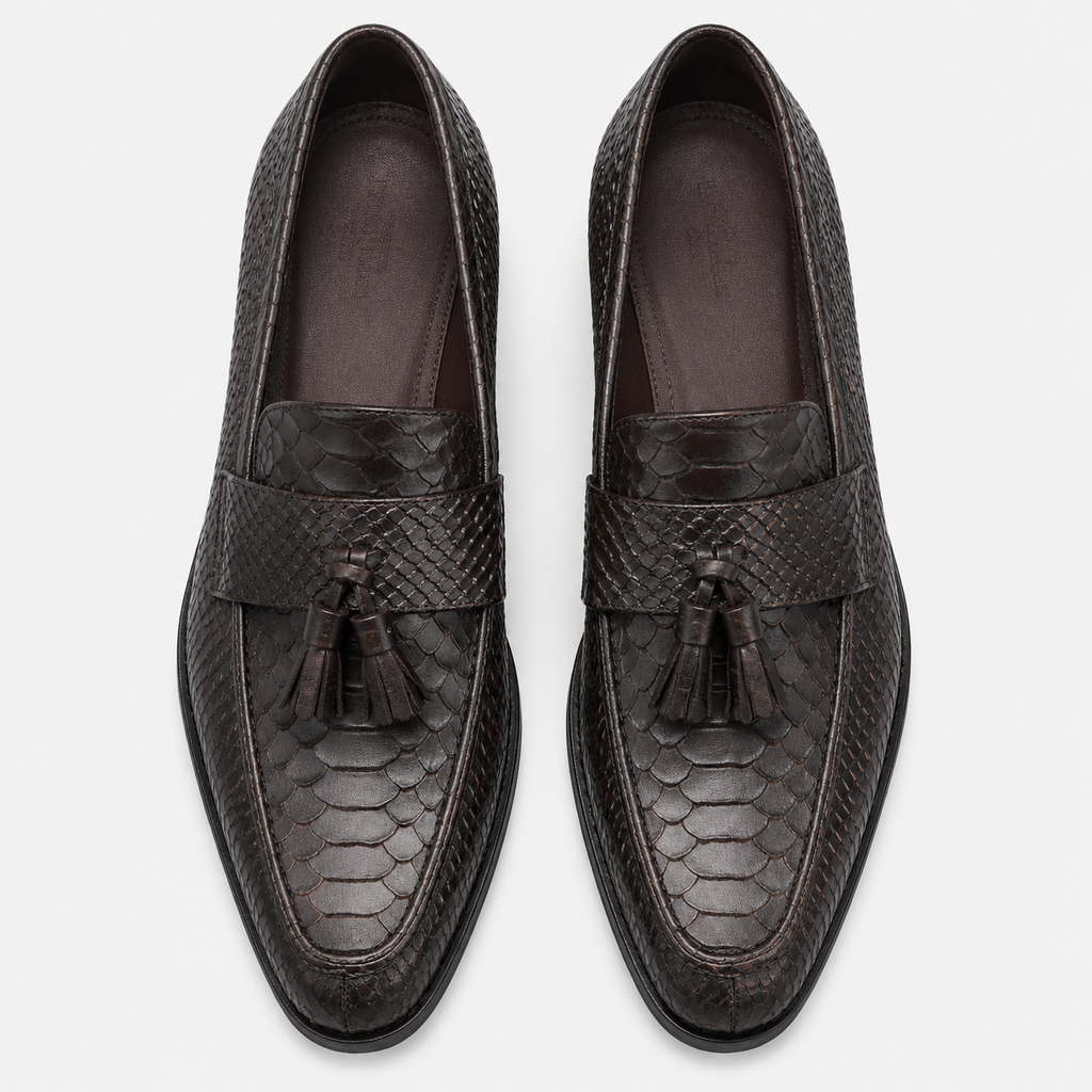 Mens Black Genuine Leather Snake Print Tassel Loafers – Slip-On Wedding Office Dress Shoes