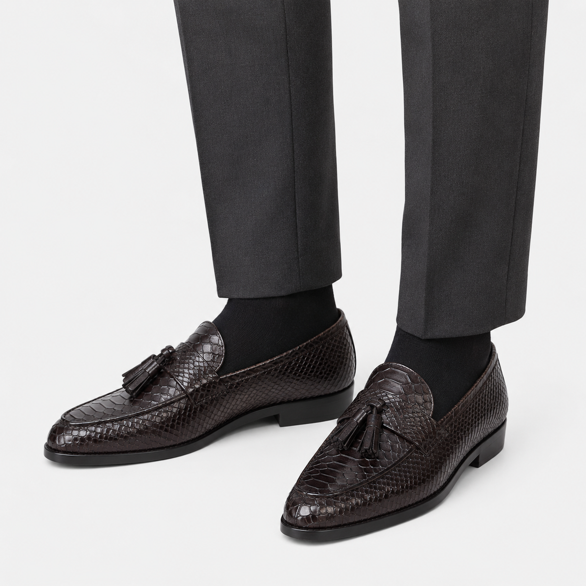 Mens Black Genuine Leather Snake Print Tassel Loafers – Slip-On Wedding Office Dress Shoes