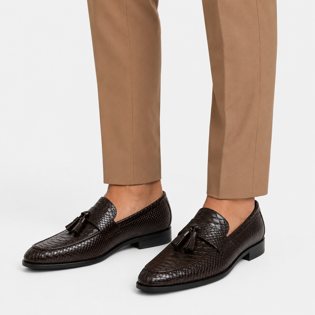 Mens Black Genuine Leather Snake Print Tassel Loafers – Slip-On Wedding Office Dress Shoes