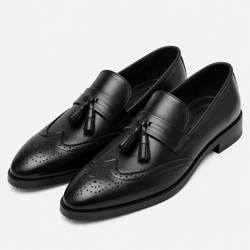 Mens Black Leather Tassel Brogue Loafers – High Quality Smart Wedding Casual Shoes