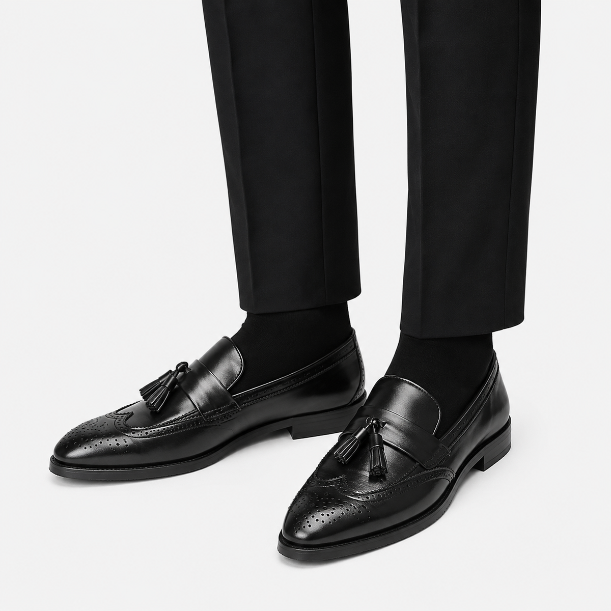 Mens Black Leather Tassel Brogue Loafers – High Quality Smart Wedding Casual Shoes