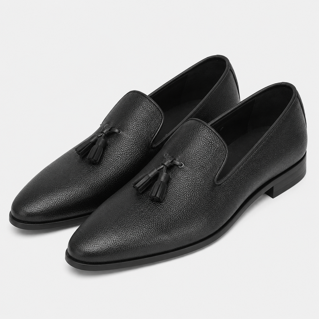 Mens Black Handcrafted Full-Grain Leather Tassel Loafers – Elegant Casual Slip-On Shoes