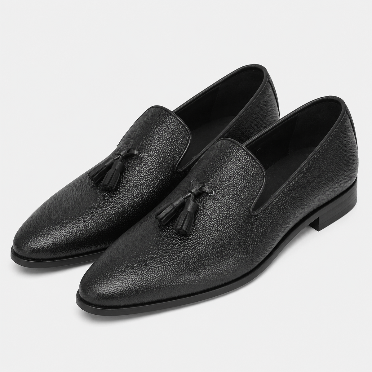 Mens Black Handcrafted Full-Grain Leather Tassel Loafers – Elegant Casual Slip-On Shoes