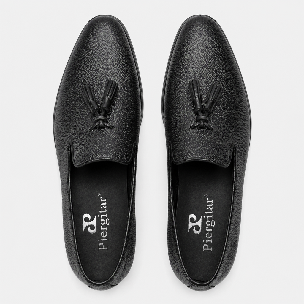 Mens Black Handcrafted Full-Grain Leather Tassel Loafers – Elegant Casual Slip-On Shoes