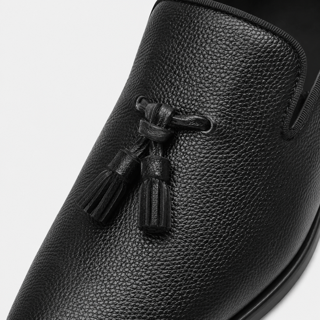 Mens Black Handcrafted Full-Grain Leather Tassel Loafers – Elegant Casual Slip-On Shoes