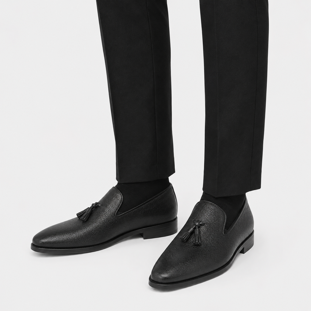 Mens Black Handcrafted Full-Grain Leather Tassel Loafers – Elegant Casual Slip-On Shoes