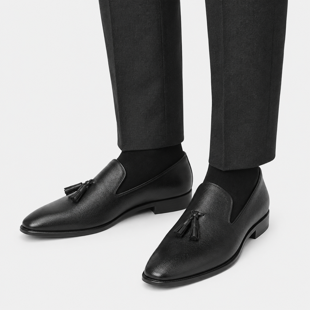 Mens Black Handcrafted Full-Grain Leather Tassel Loafers – Elegant Casual Slip-On Shoes
