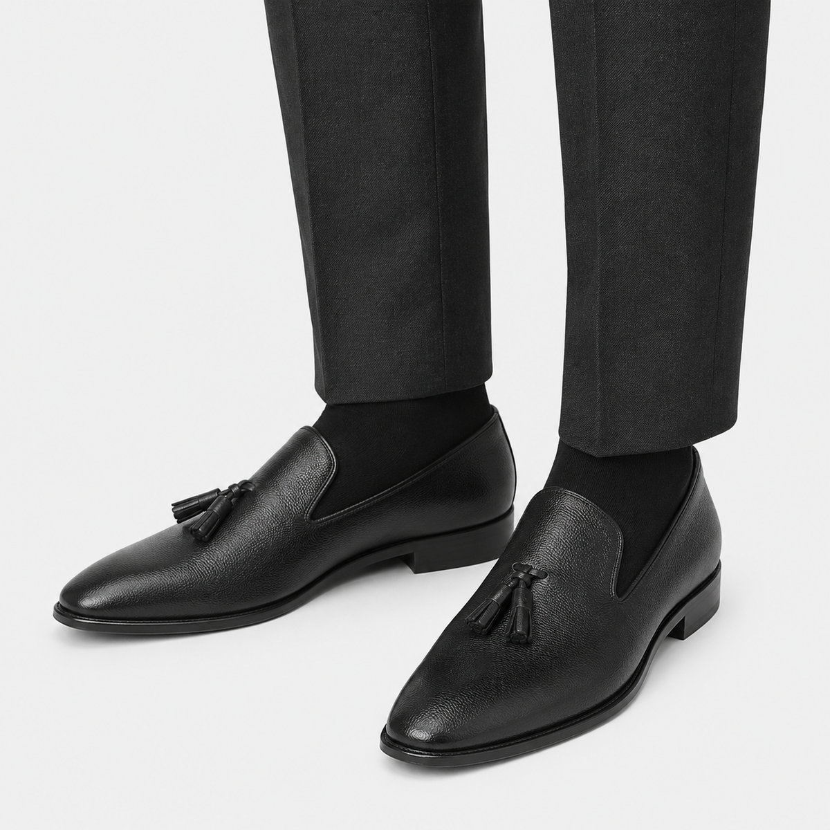Mens Black Handcrafted Full-Grain Leather Tassel Loafers – Elegant Casual Slip-On Shoes