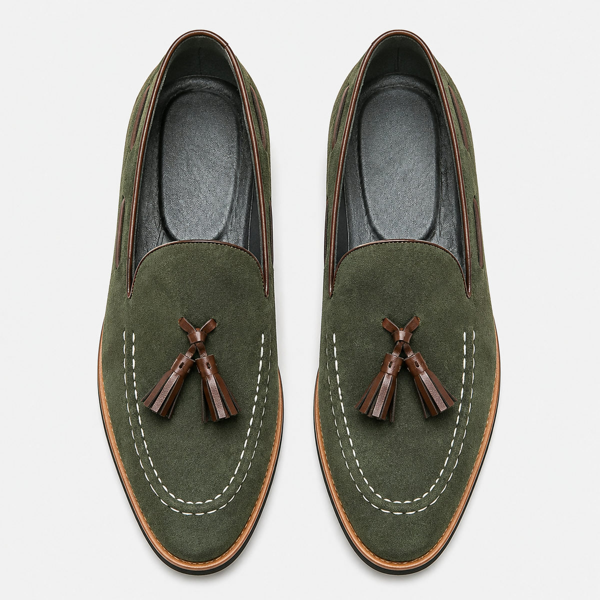 Mens Green Frosted Leather Tassel Loafers – British Style Pointed Toe Banquet Shoes