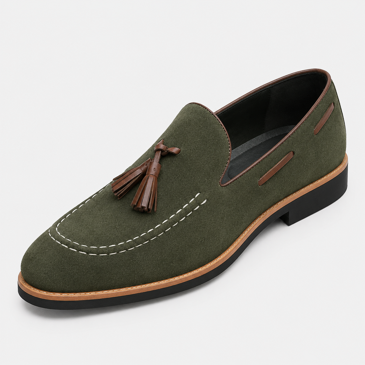 Mens Green Frosted Leather Tassel Loafers – British Style Pointed Toe Banquet Shoes