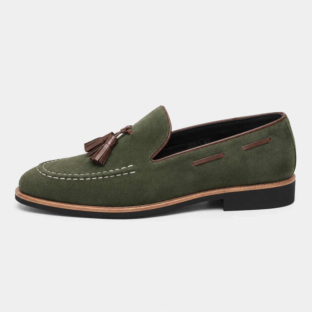 Mens Green Frosted Leather Tassel Loafers – British Style Pointed Toe Banquet Shoes