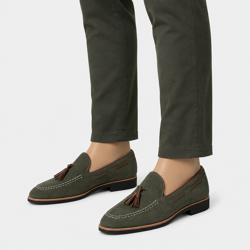 Mens Green Frosted Leather Tassel Loafers – British Style Pointed Toe Banquet Shoes