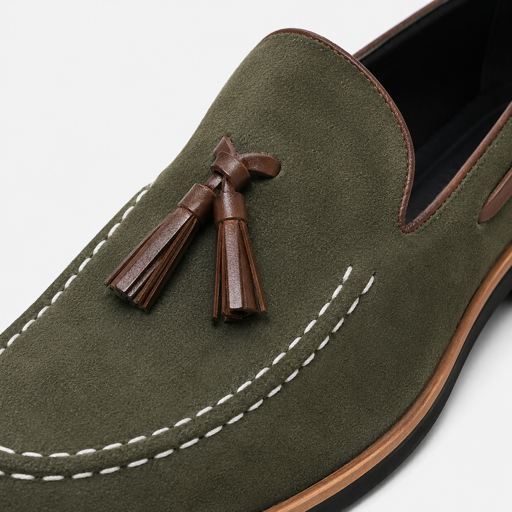 Mens Green Frosted Leather Tassel Loafers – British Style Pointed Toe Banquet Shoes