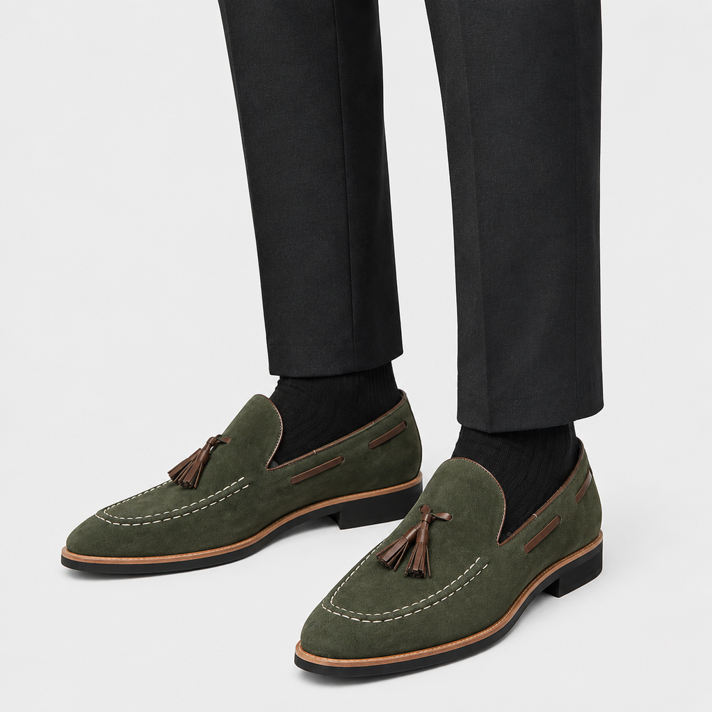 Mens Green Frosted Leather Tassel Loafers – British Style Pointed Toe Banquet Shoes