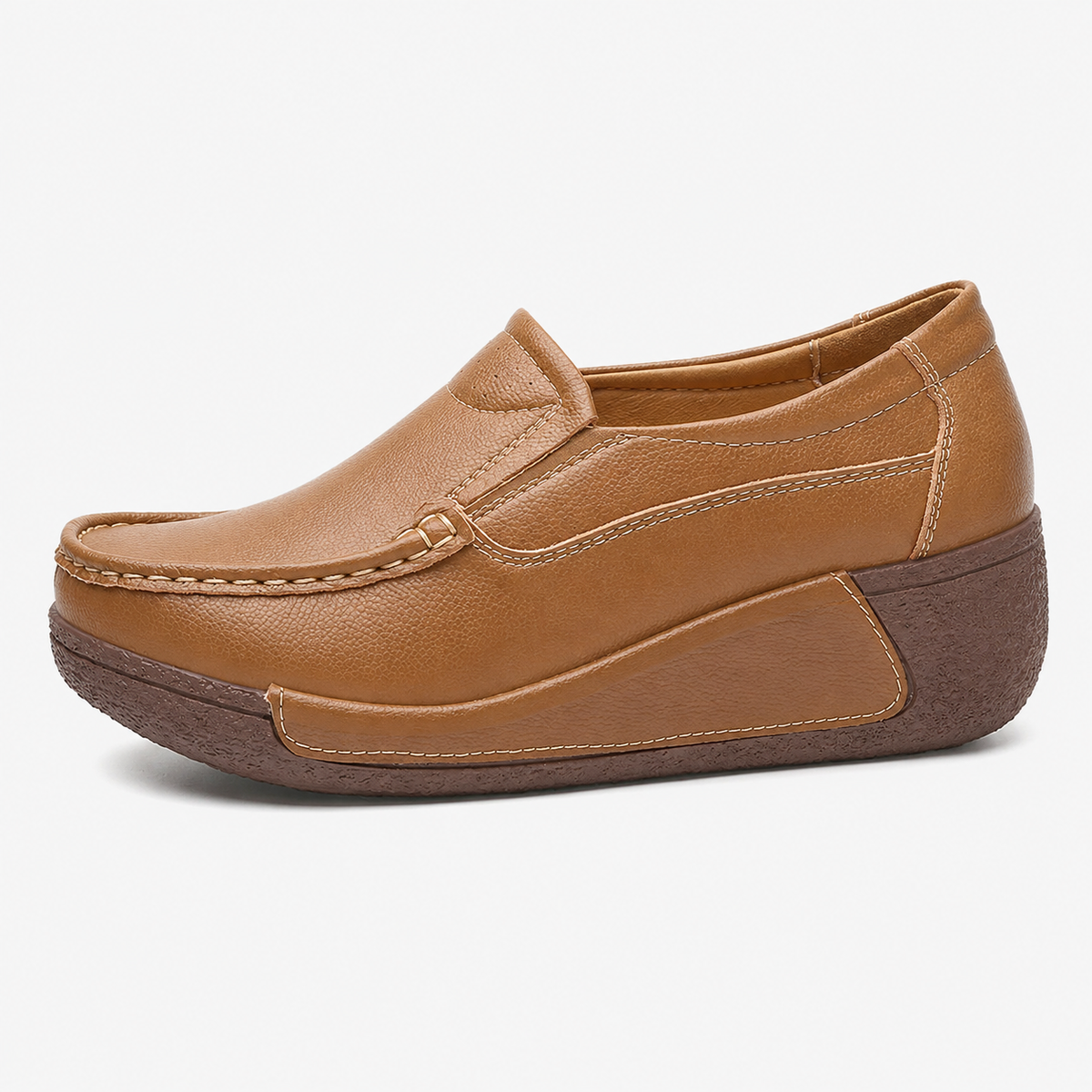 Womens Brown Genuine Leather Wedge Loafers – Round Toe Casual Slip-On Autumn Shoes