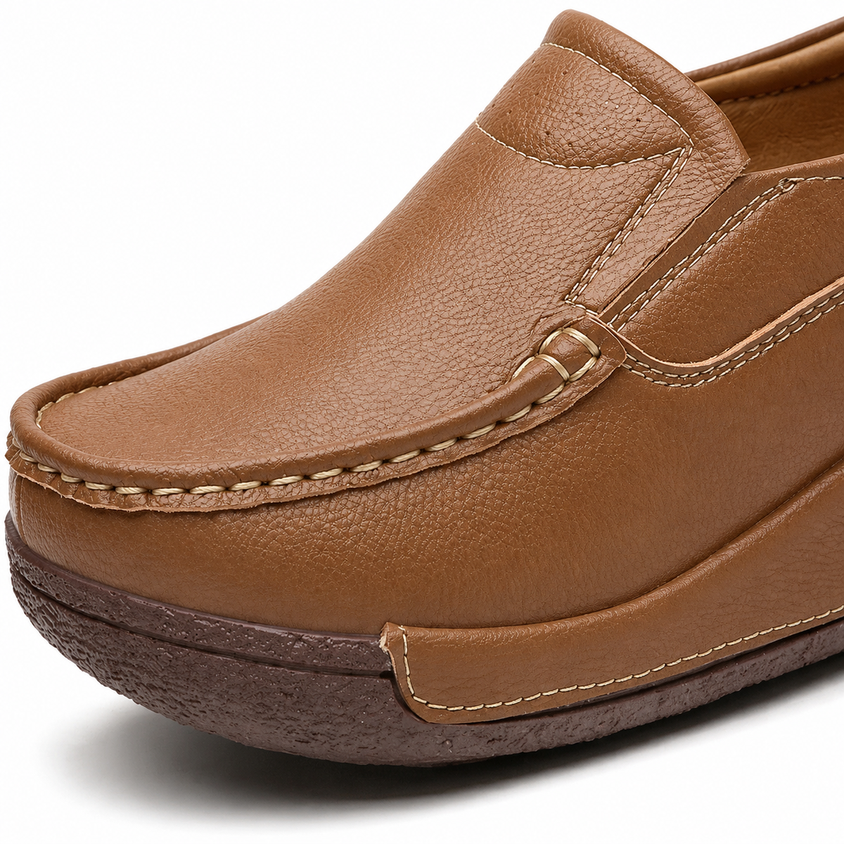 Womens Brown Genuine Leather Wedge Loafers – Round Toe Casual Slip-On Autumn Shoes