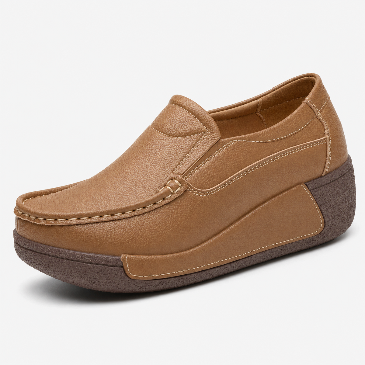 Womens Brown Genuine Leather Wedge Loafers – Round Toe Casual Slip-On Autumn Shoes