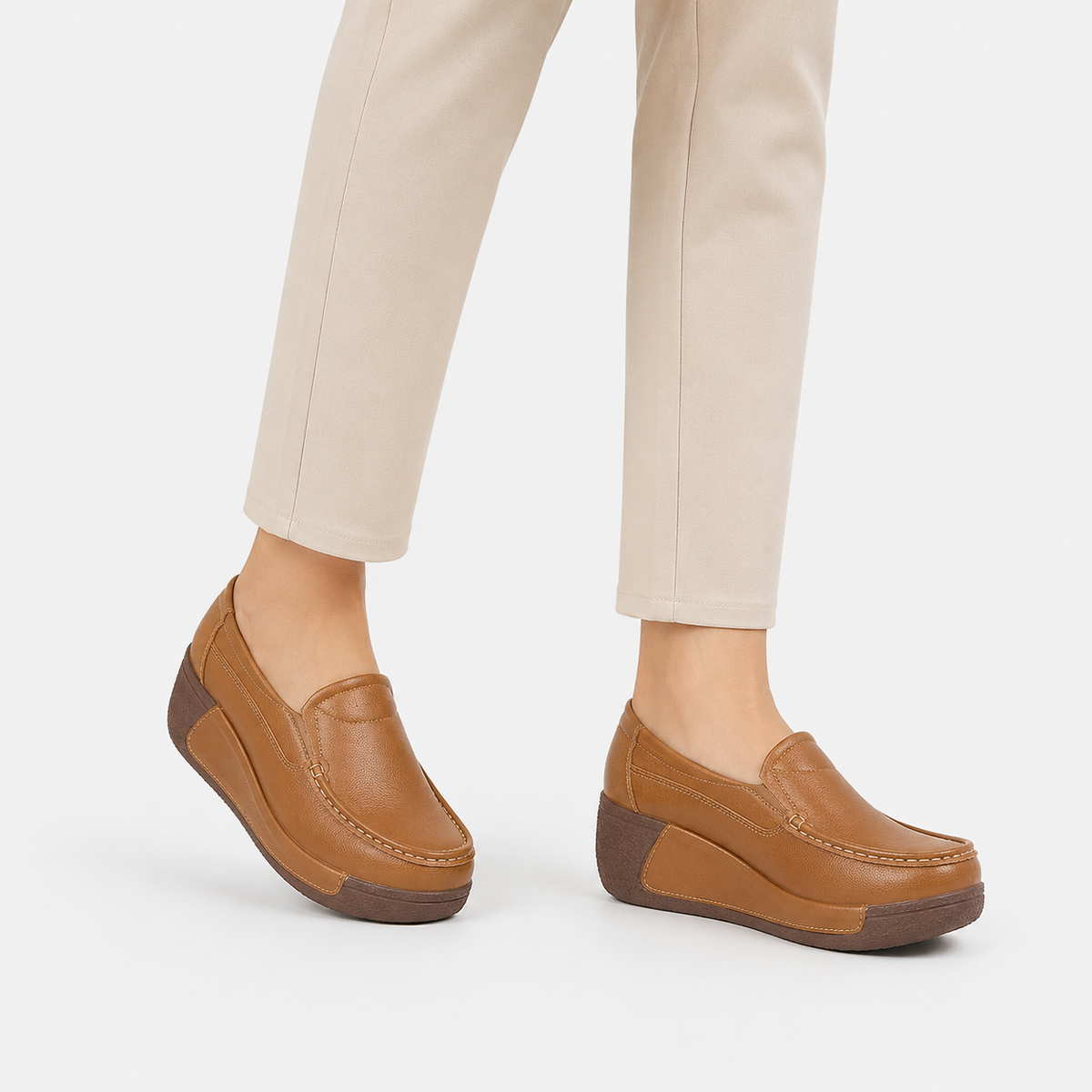 Womens Brown Genuine Leather Wedge Loafers – Round Toe Casual Slip-On Autumn Shoes