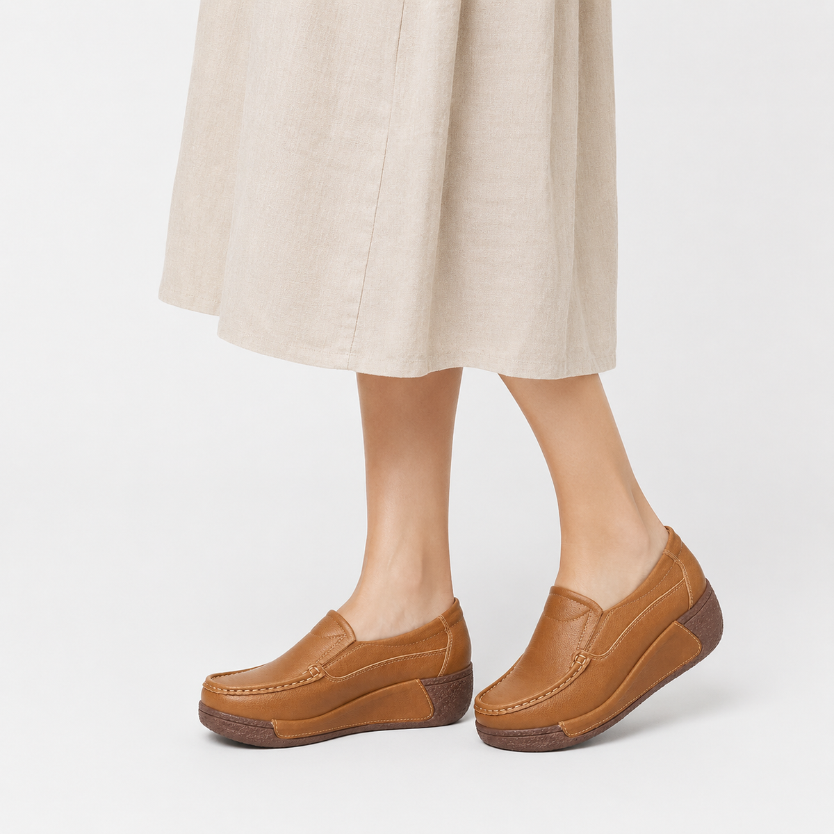 Womens Brown Genuine Leather Wedge Loafers – Round Toe Casual Slip-On Autumn Shoes