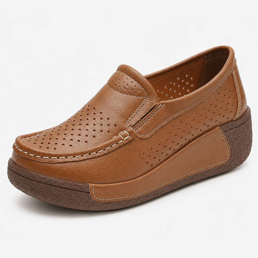 Womens Brown Genuine Leather Wedge Loafers – Round Toe Casual Slip-On Autumn Shoes