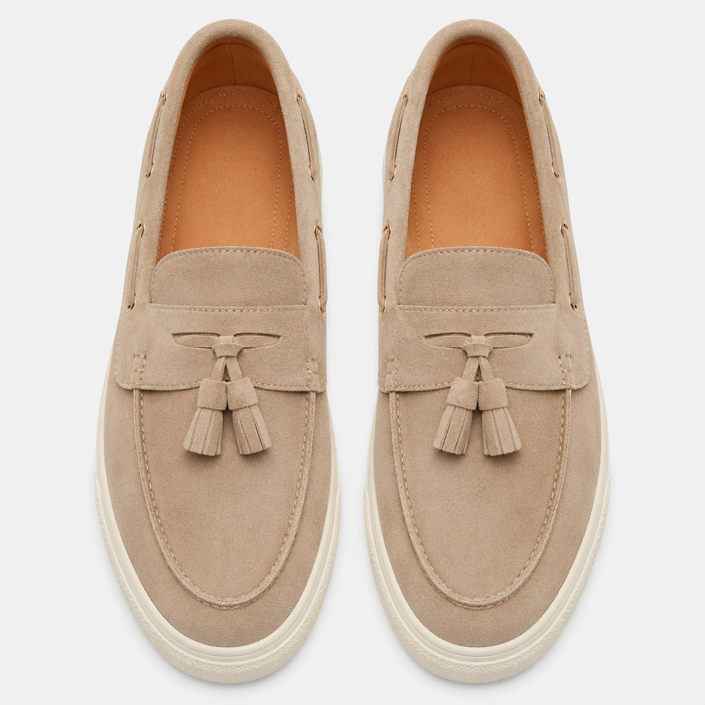 Mens Beige Suede Platform Loafers – Handmade Casual Driving Walking Moccasin Shoes