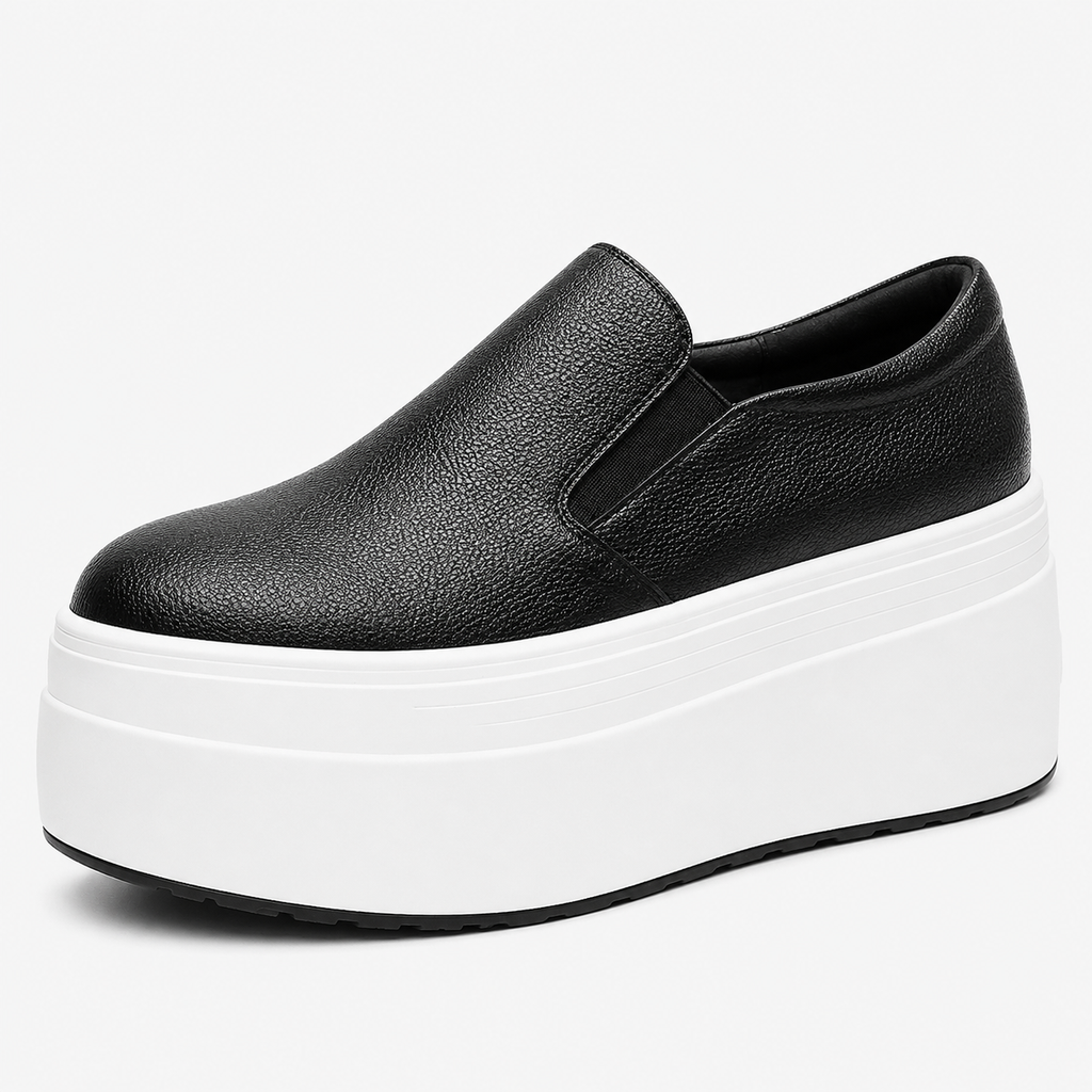 Womens Black Genuine Leather Thick Sole Platform Loafers – Casual Slip-On Autumn Shoes