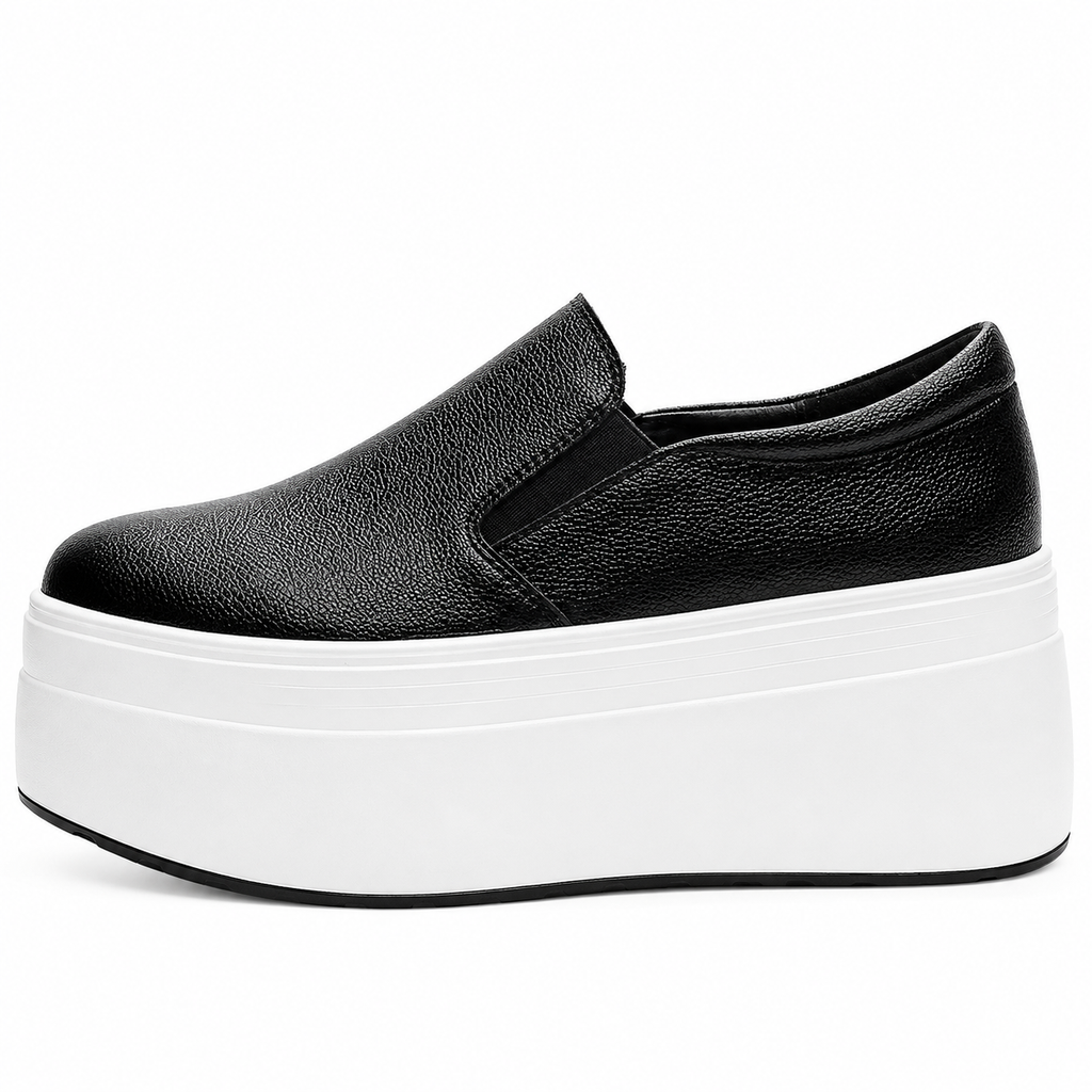 Womens Black Genuine Leather Thick Sole Platform Loafers – Casual Slip-On Autumn Shoes