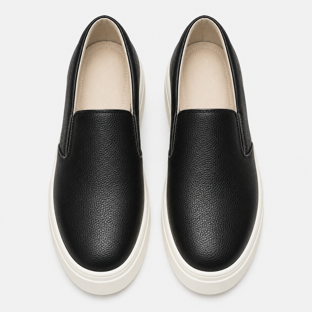 Womens Black Genuine Leather Thick Sole Platform Loafers – Casual Slip-On Autumn Shoes