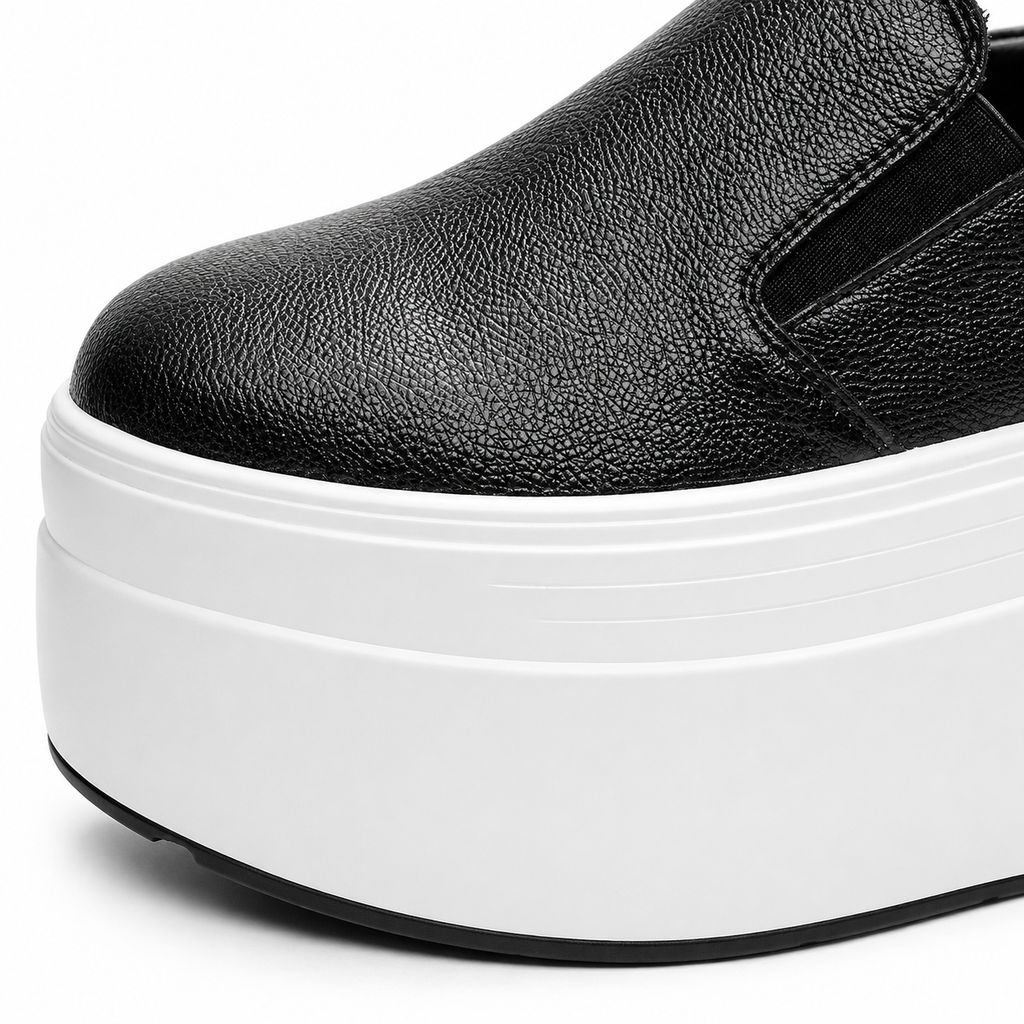 Womens Black Genuine Leather Thick Sole Platform Loafers – Casual Slip-On Autumn Shoes