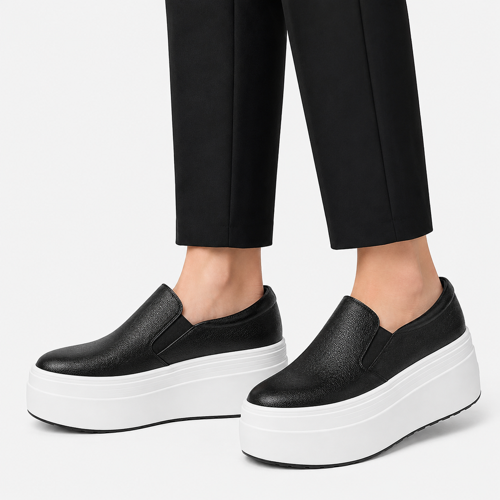 Womens Black Genuine Leather Thick Sole Platform Loafers – Casual Slip-On Autumn Shoes