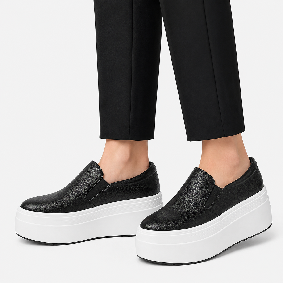 Womens Black Genuine Leather Thick Sole Platform Loafers – Casual Slip-On Autumn Shoes
