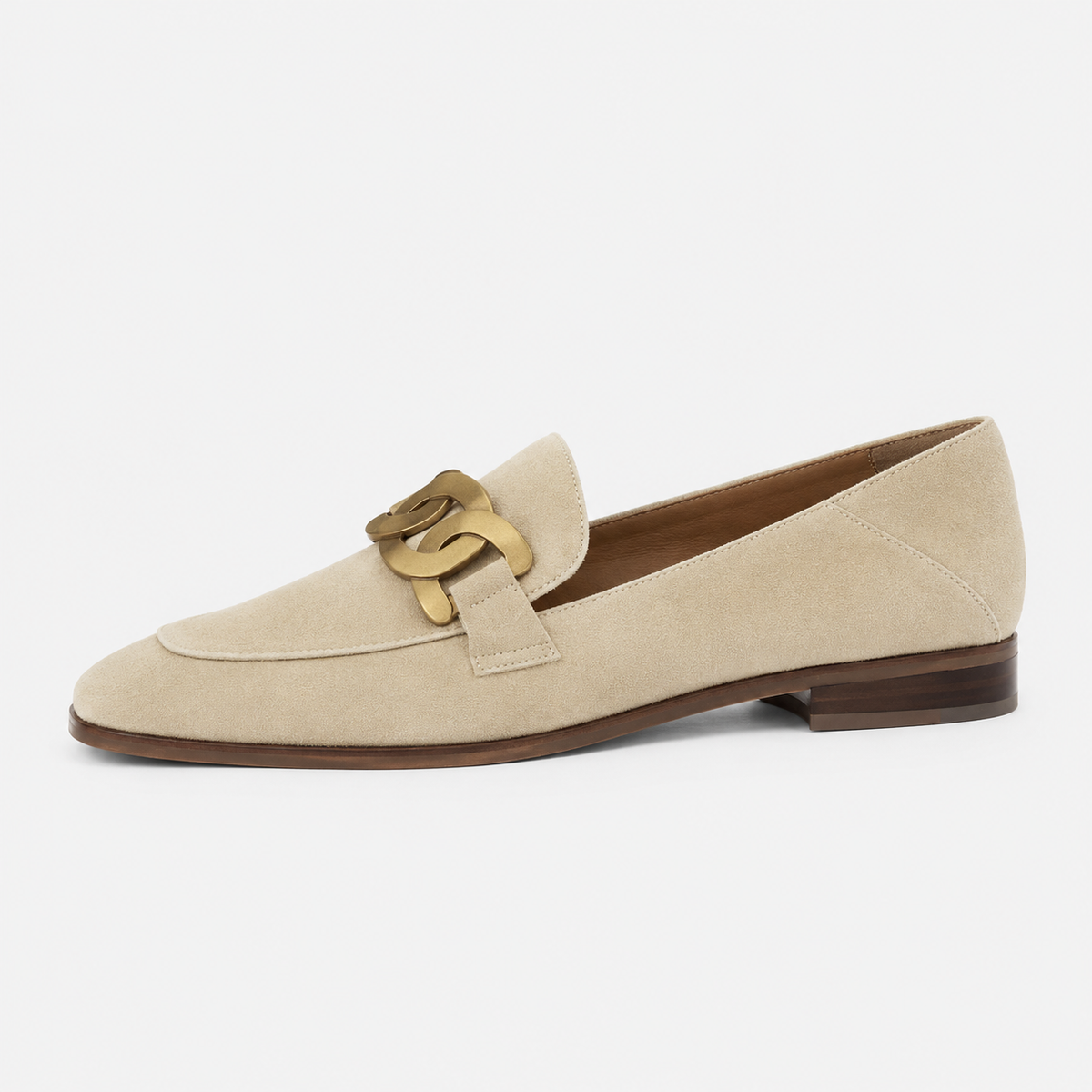 Womens Beige Velvet Chain Loafers – Elegant Flat Casual Work Shoes