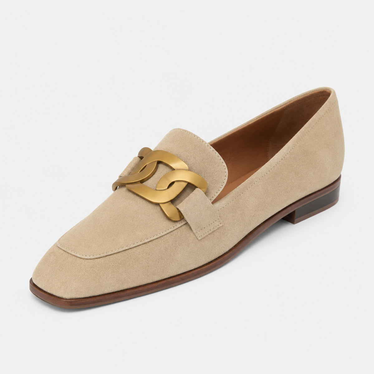 Womens Beige Velvet Chain Loafers – Elegant Flat Casual Work Shoes