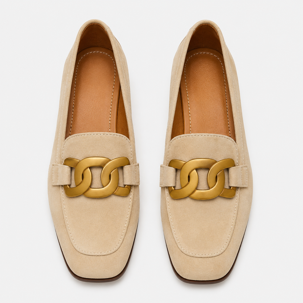 Womens Beige Velvet Chain Loafers – Elegant Flat Casual Work Shoes