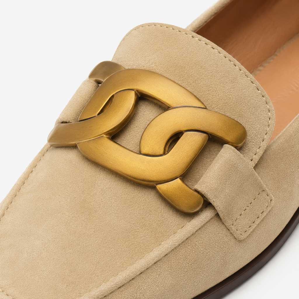 Womens Beige Velvet Chain Loafers – Elegant Flat Casual Work Shoes
