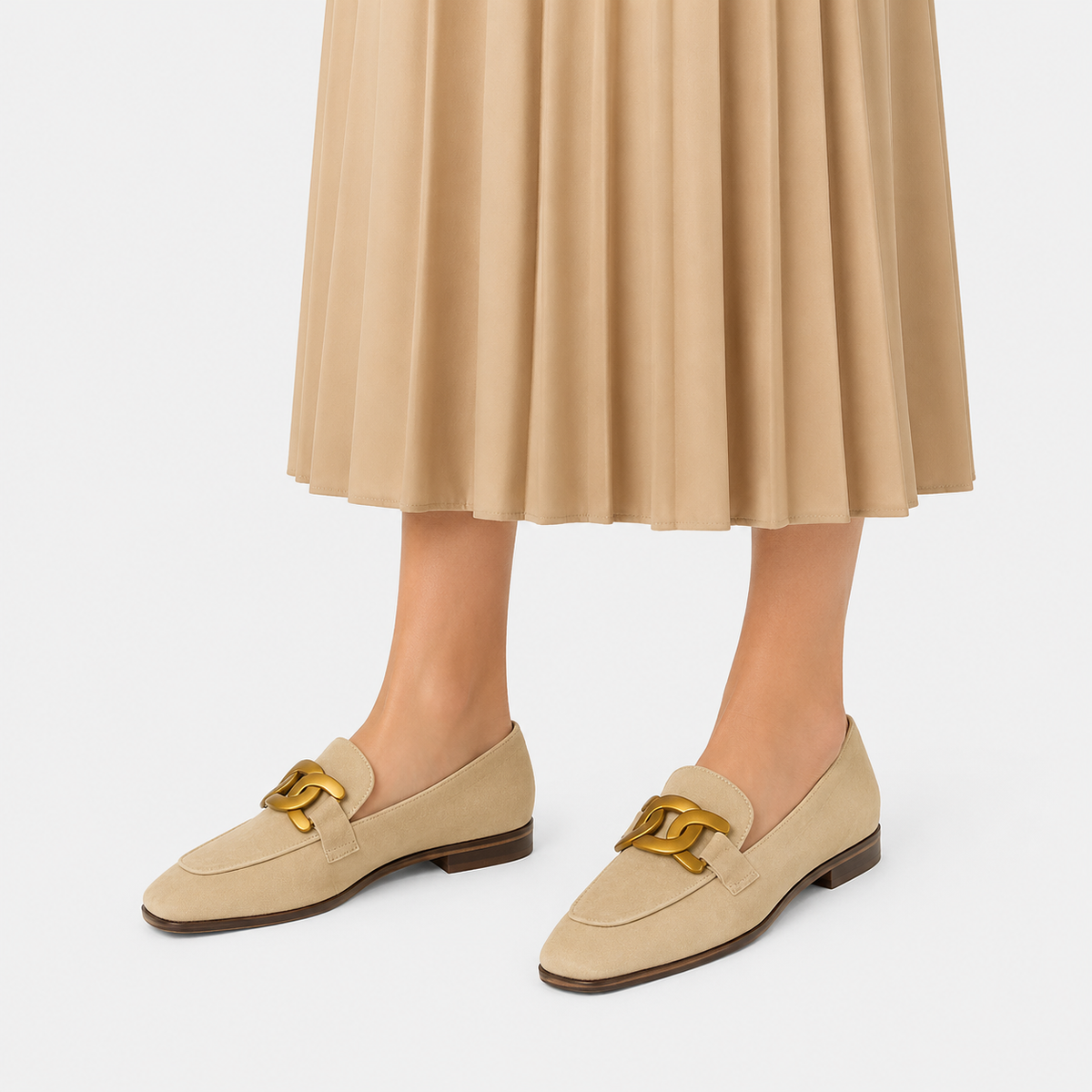 Womens Beige Velvet Chain Loafers – Elegant Flat Casual Work Shoes