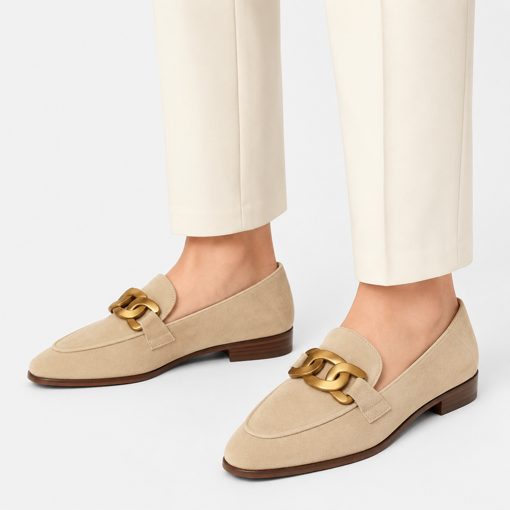 Womens Beige Velvet Chain Loafers – Elegant Flat Casual Work Shoes