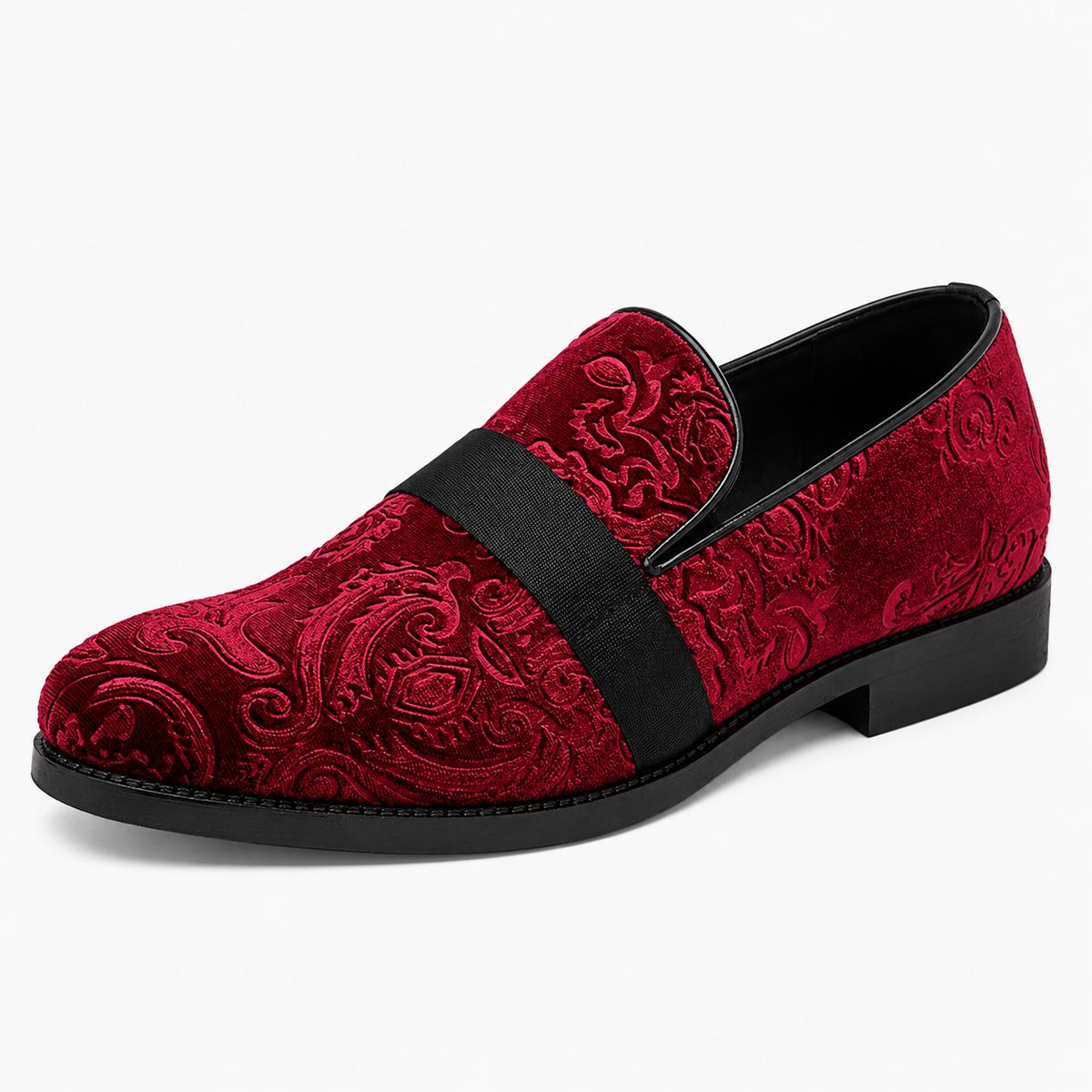 Mens Red Velvet Embroidered Loafers – Baroque Print Slip-On Party Wedding Dress Shoes