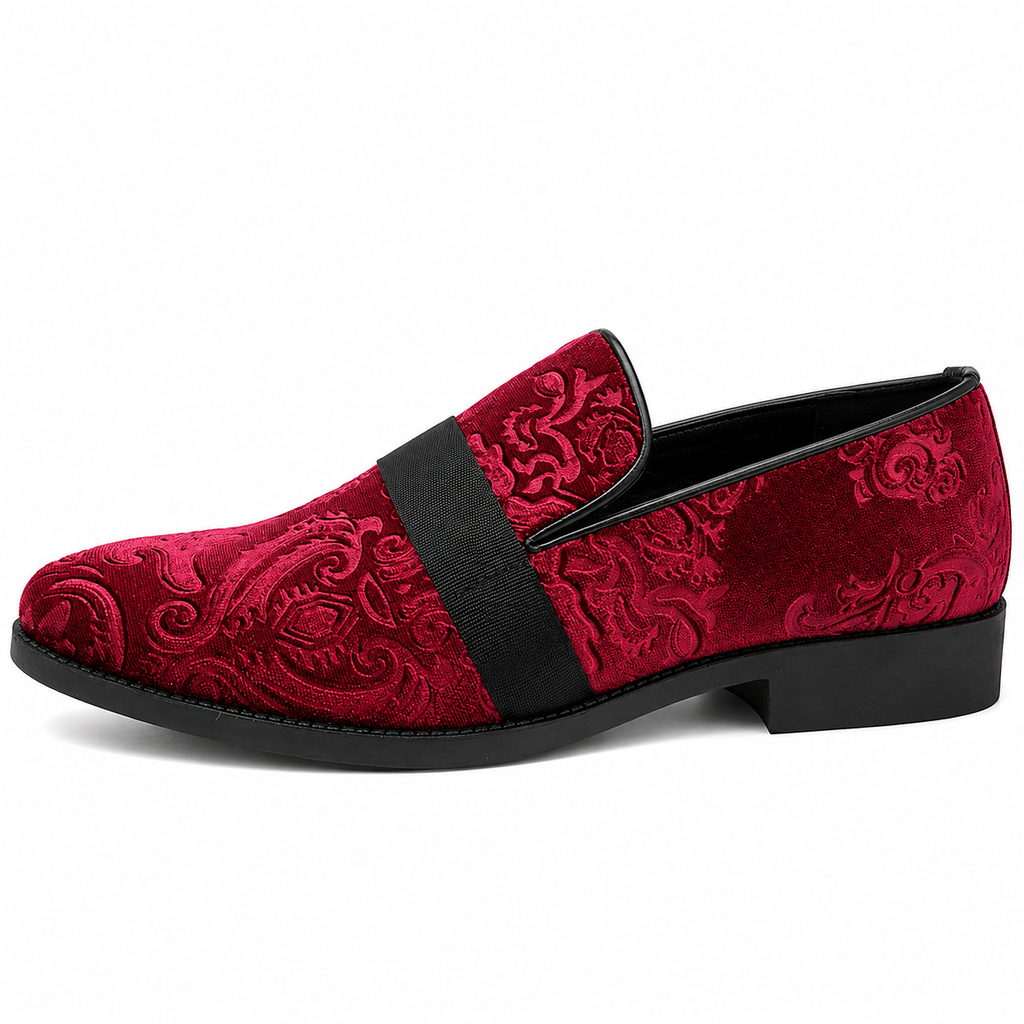 Mens Red Velvet Embroidered Loafers – Baroque Print Slip-On Party Wedding Dress Shoes