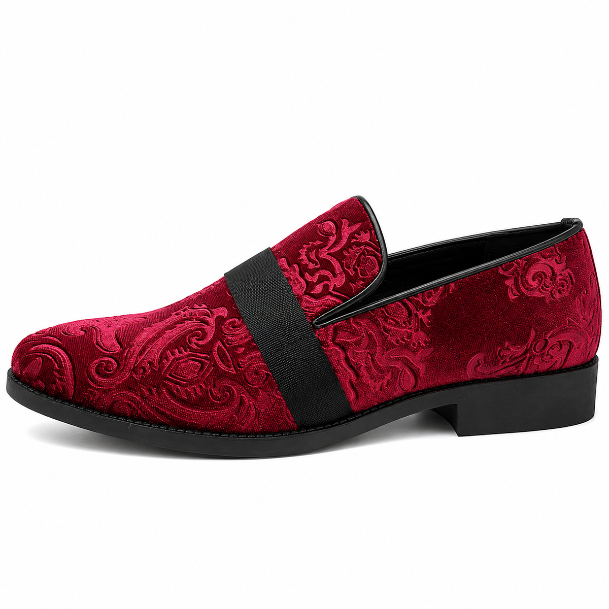 Mens Red Velvet Embroidered Loafers – Baroque Print Slip-On Party Wedding Dress Shoes