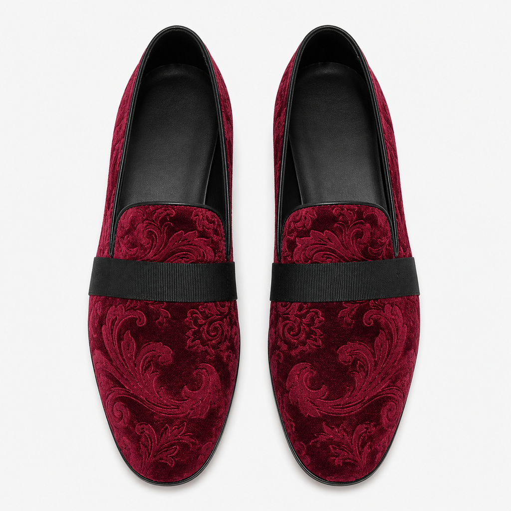 Mens Red Velvet Embroidered Loafers – Baroque Print Slip-On Party Wedding Dress Shoes