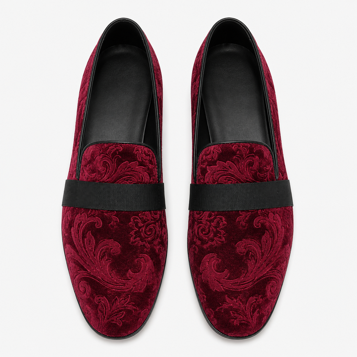 Mens Red Velvet Embroidered Loafers – Baroque Print Slip-On Party Wedding Dress Shoes